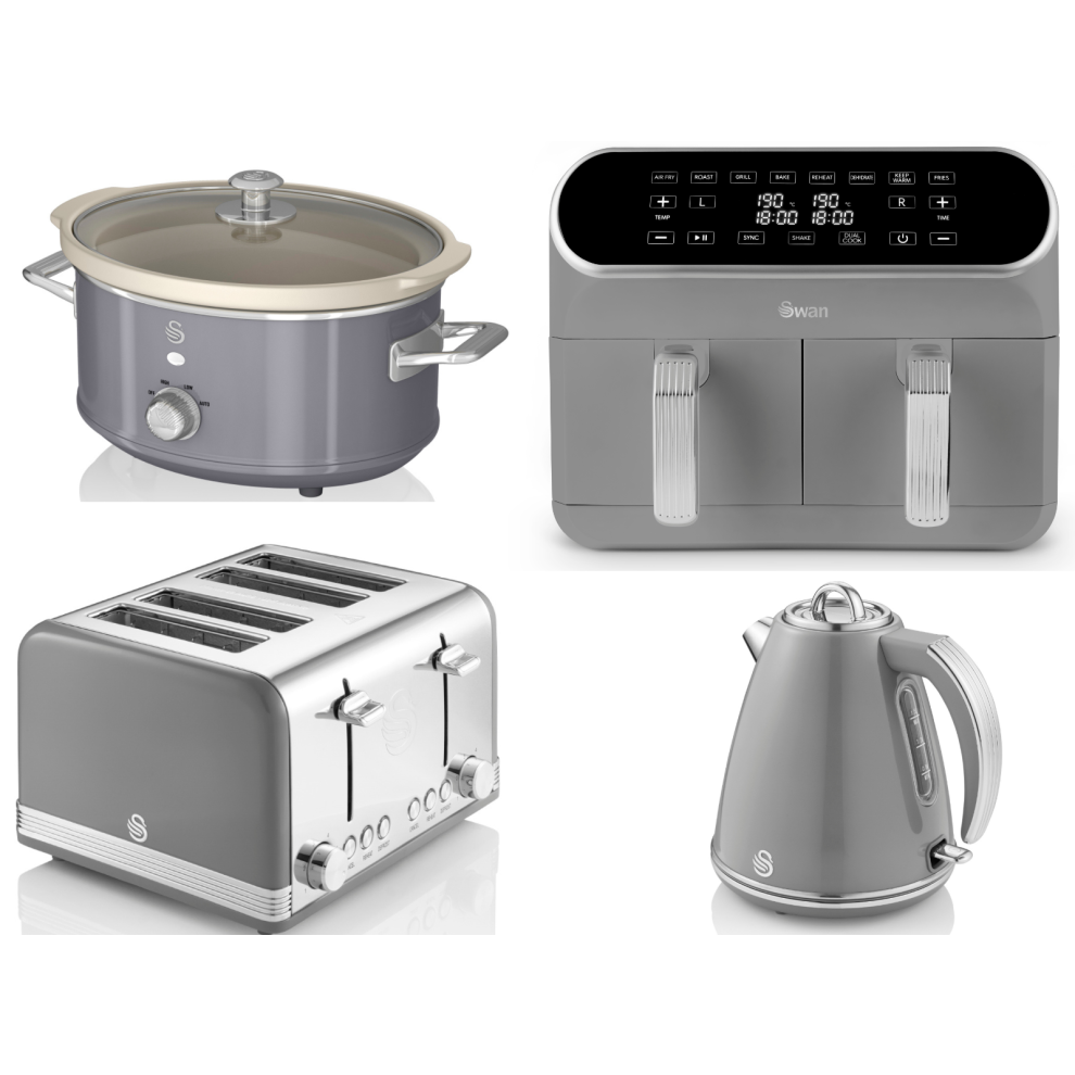 Swan Retro Grey Kettle Toaster Dual Basket Air Fryer Slow Cooker Set