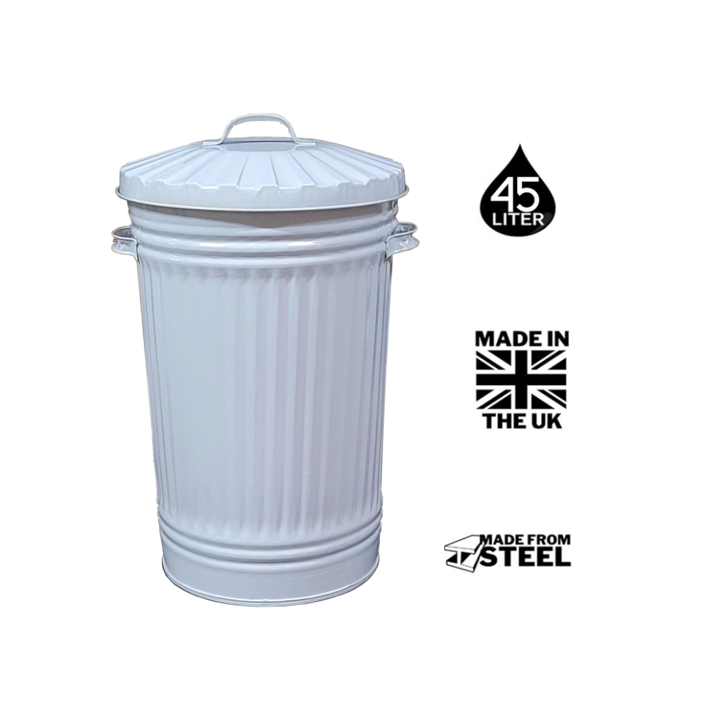 Retro Dustbin Rubbish Animal Feed Bin - Tall Light Grey Steel Bin 45L