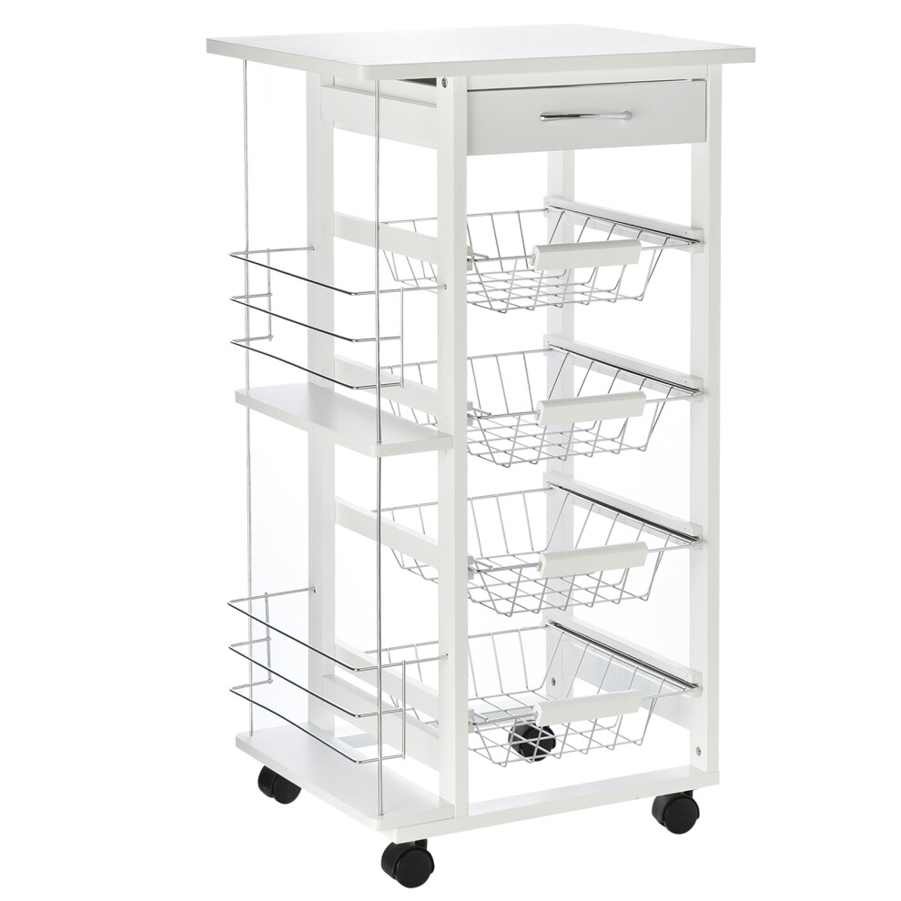 Homcom White Multi-Use Kitchen Island Trolley Baskets Side Racks Drawer Worktop