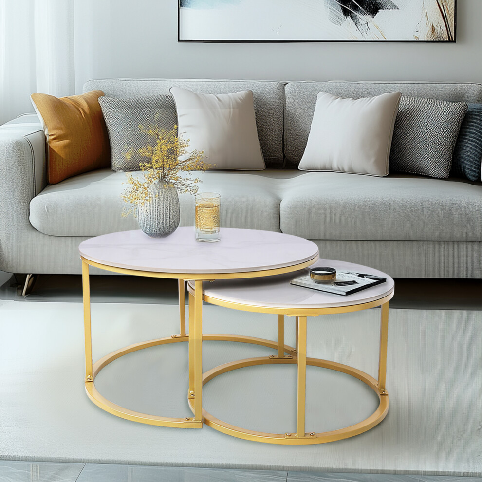 (White/Gold) 2 x Round Sintered Stone With Metal Frame Marble Effect Nesting Coffee End Sofa Tables Home Living Room Furniture 70 x 70cm