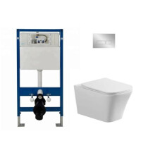 (Complete Set Square WC (Chrome)) Wall Hung Toilet Rimless DPT Pan, Seat & 1.12m Concealed Cistern Frame WC Plate
