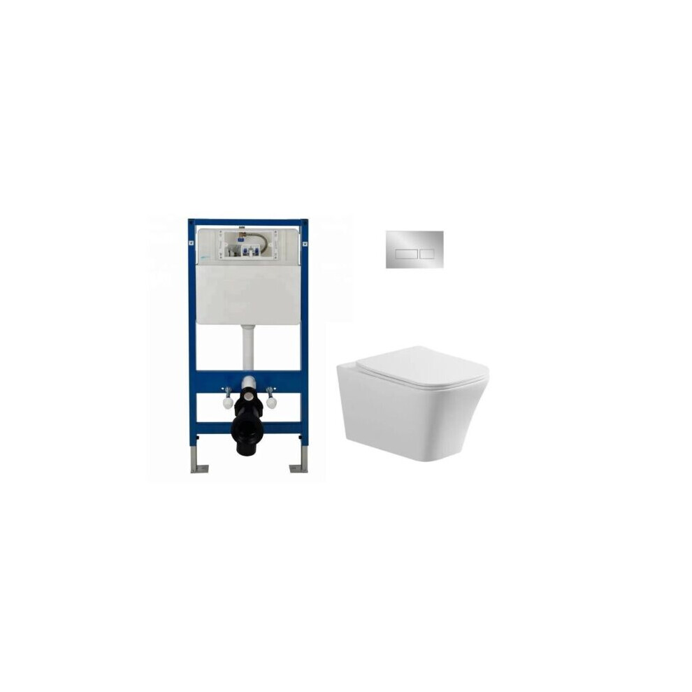 (Complete Set Square WC (Chrome)) Wall Hung Toilet Rimless DPT Pan, Seat & 1.12m Concealed Cistern Frame WC Plate