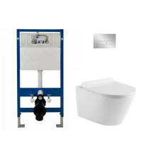 (Complete Set Round WC (Chrome)) Wall Hung Toilet Rimless DPT Pan, Seat & 1.12m Concealed Cistern Frame WC Plate