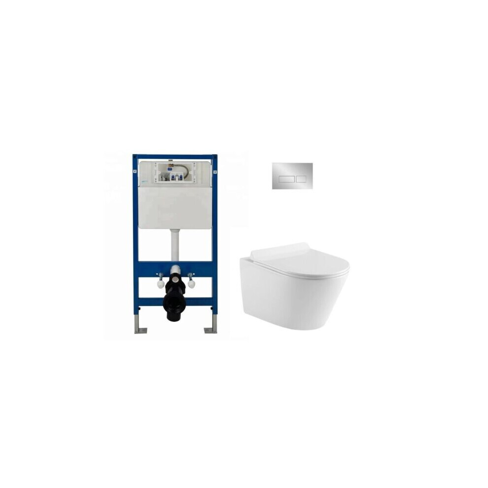 (Complete Set Round WC (Chrome)) Wall Hung Toilet Rimless DPT Pan, Seat & 1.12m Concealed Cistern Frame WC Plate