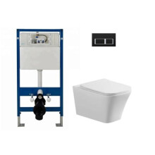 (Complete Set Square WC (Black)) Wall Hung Toilet Rimless DPT Pan, Seat & 1.12m Concealed Cistern Frame WC Plate