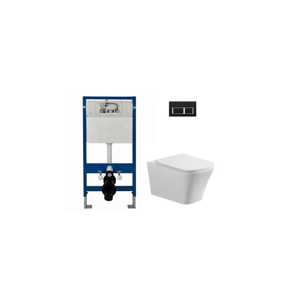 (Complete Set Square WC (Black)) Wall Hung Toilet Rimless DPT Pan, Seat & 1.12m Concealed Cistern Frame WC Plate