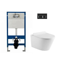 (Complete Set Round WC (Black)) Wall Hung Toilet Rimless DPT Pan, Seat & 1.12m Concealed Cistern Frame WC Plate