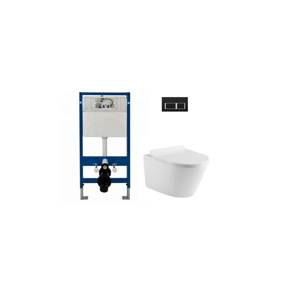 (Complete Set Round WC (Black)) Wall Hung Toilet Rimless DPT Pan, Seat & 1.12m Concealed Cistern Frame WC Plate