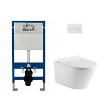 (Complete Set Round WC (White)) Wall Hung Toilet Rimless DPT Pan, Seat & 1.12m Concealed Cistern Frame WC Plate
