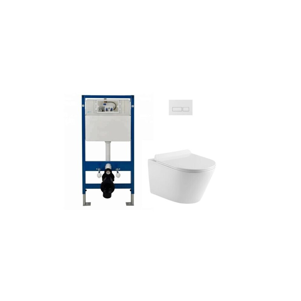 (Complete Set Round WC (White)) Wall Hung Toilet Rimless DPT Pan, Seat & 1.12m Concealed Cistern Frame WC Plate