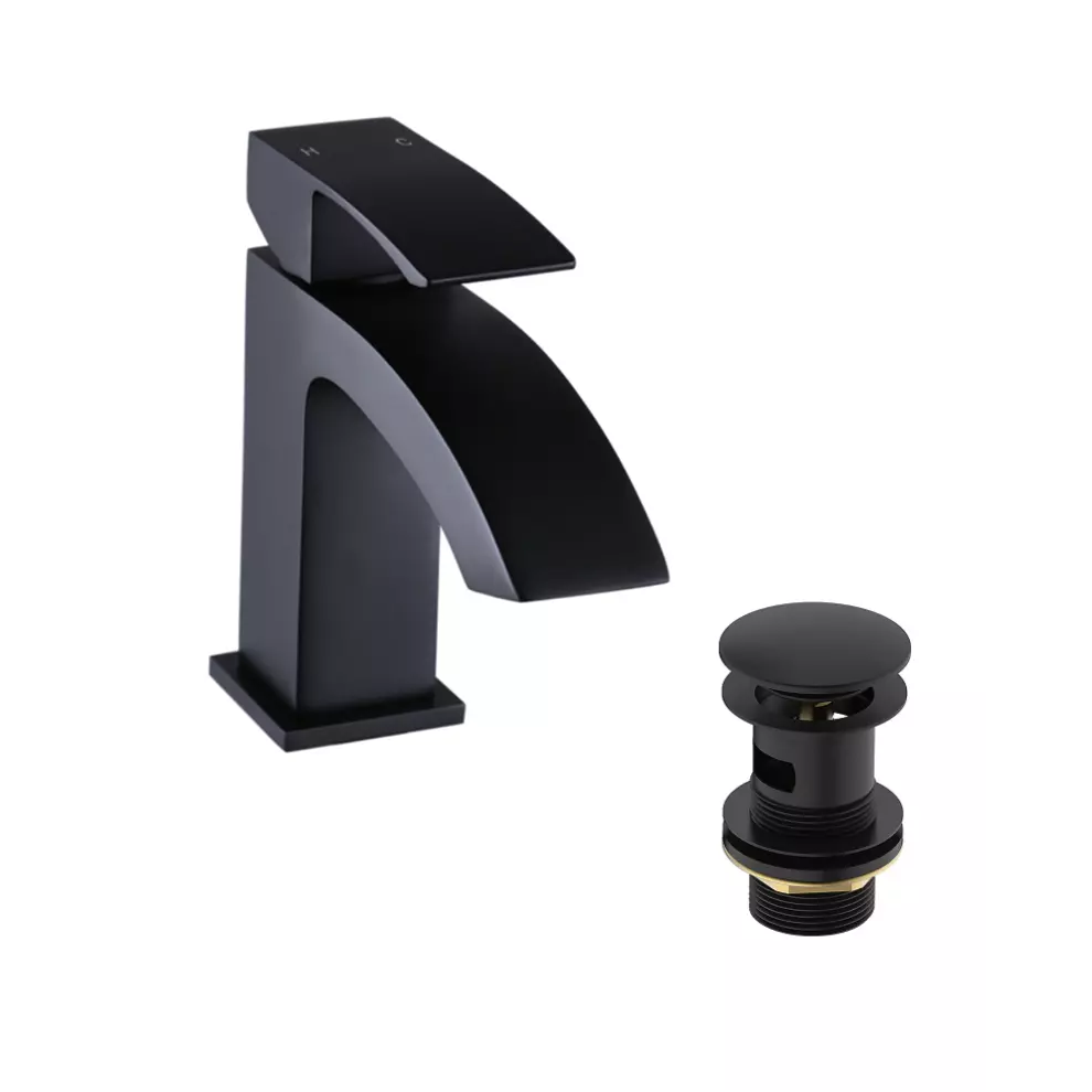 (Tap/Waste Square Black) Handleless Bathroom High Gloss White Wall Hung Vanity Unit Sink Cabinet Basin Storage Furniture Door Toilet