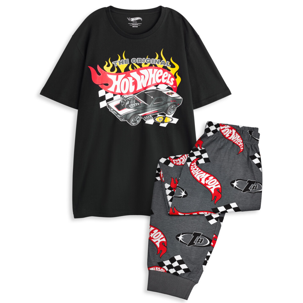 (Medium) Hot Wheels Short Sleeve Long Leg Pyjama Set (Mens Black)