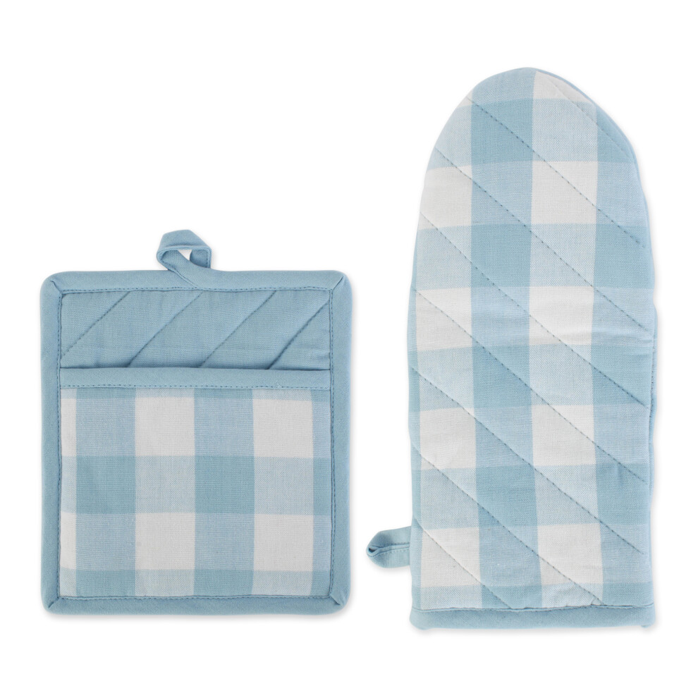 Textiles de cuisine DII Buffalo Check OM 13x6"""""""" PH 9x8"""""""" Blanc et bleu clair 2 pi   ces