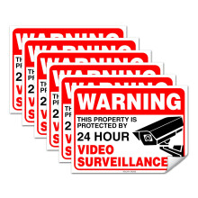(Set van 6) Waarschuwing - 24 UUR Video Bewakingsbord - 3" x 4" - 4 Mil Vinyl - GELAAMINEERD Voor Ultieme Bescherming