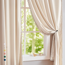 Pom-Pom Cream Velvet Curtain 84inches Long Window Drapes for Living Ro
