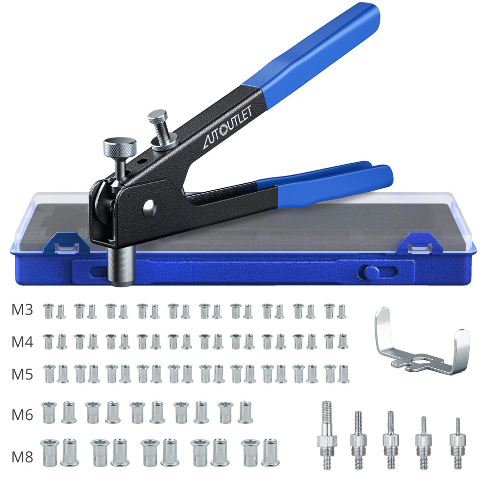 AUTOUTLET Pistolet à Rivets Professionnel avec 86 écrous filetés M3/M4/M5/M6/M8 et clé à rivets pour la décoration de meubles et de voitures.