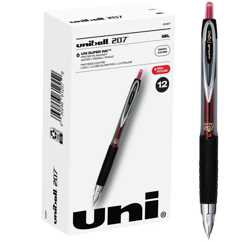 Uniball Signo 207 Gel Pen 12 Pack  0.5mm Micro Red Pens  Gel Ink Pens