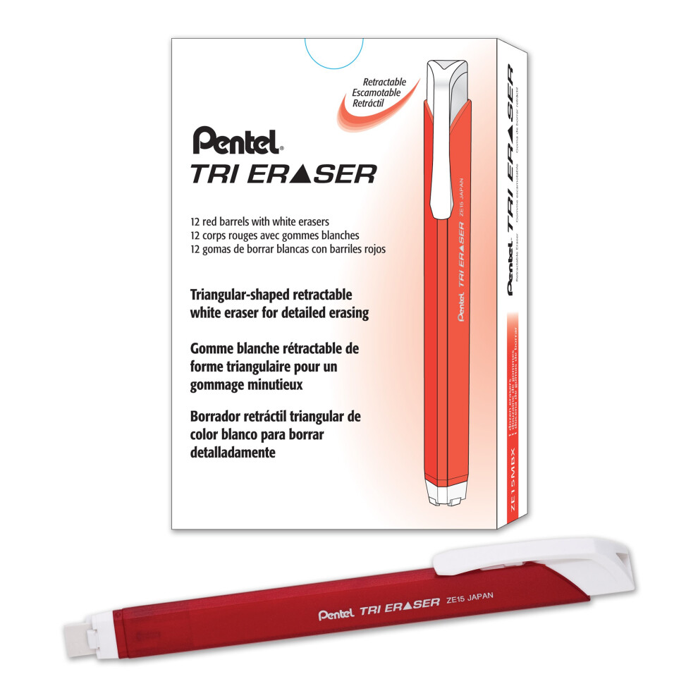 Pentel Tri Eraser Retractable Eraser  Metallic Red Barrel  Box of 12 (