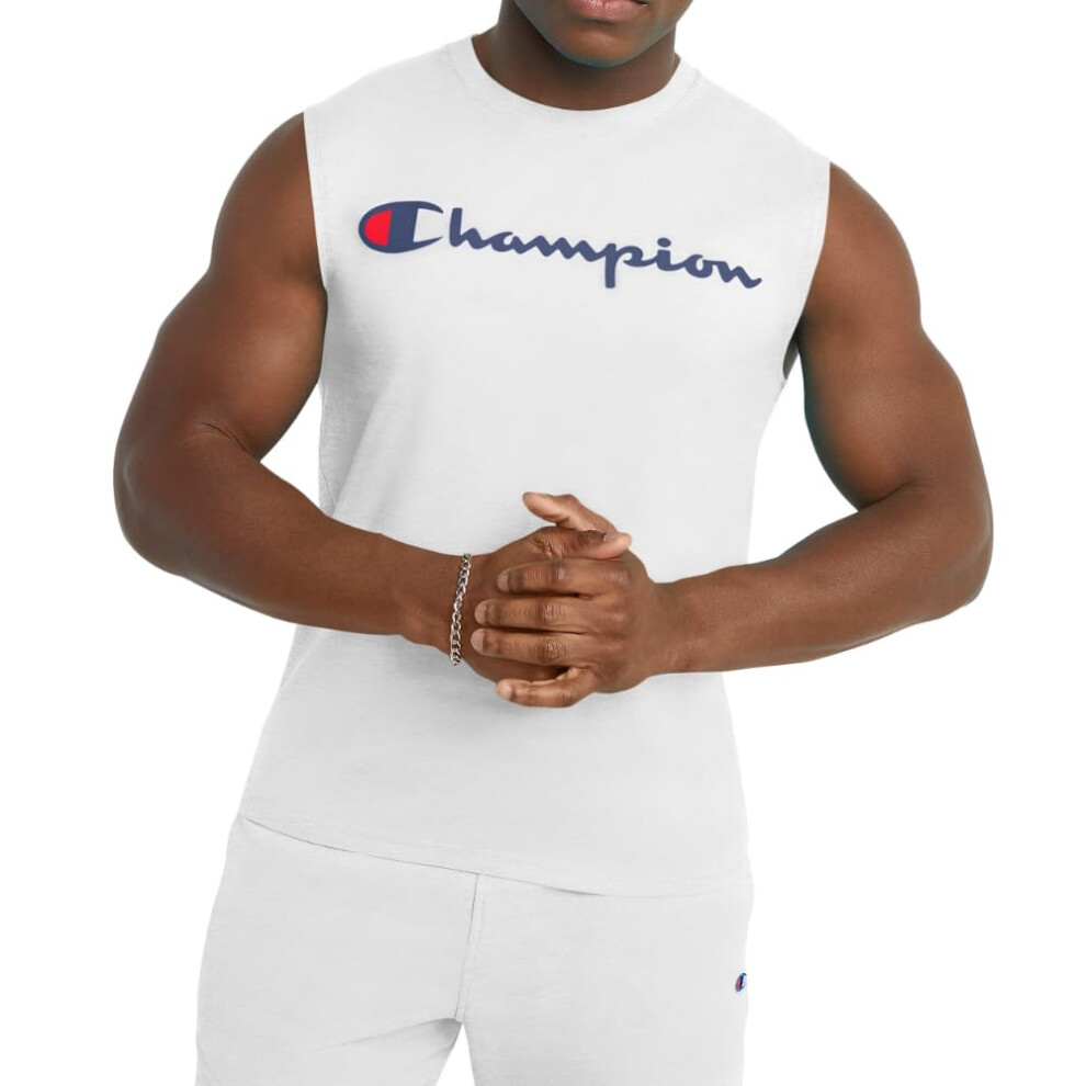 Champion Men's Classic Jersey Muscle Tee  Screen Print Script  White