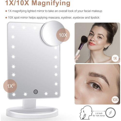 Makeup Vanity Mirror with Lights and Detachable 10X Magnification, 21 Led Lights Adjustable Dimming Touch Sensor, 2