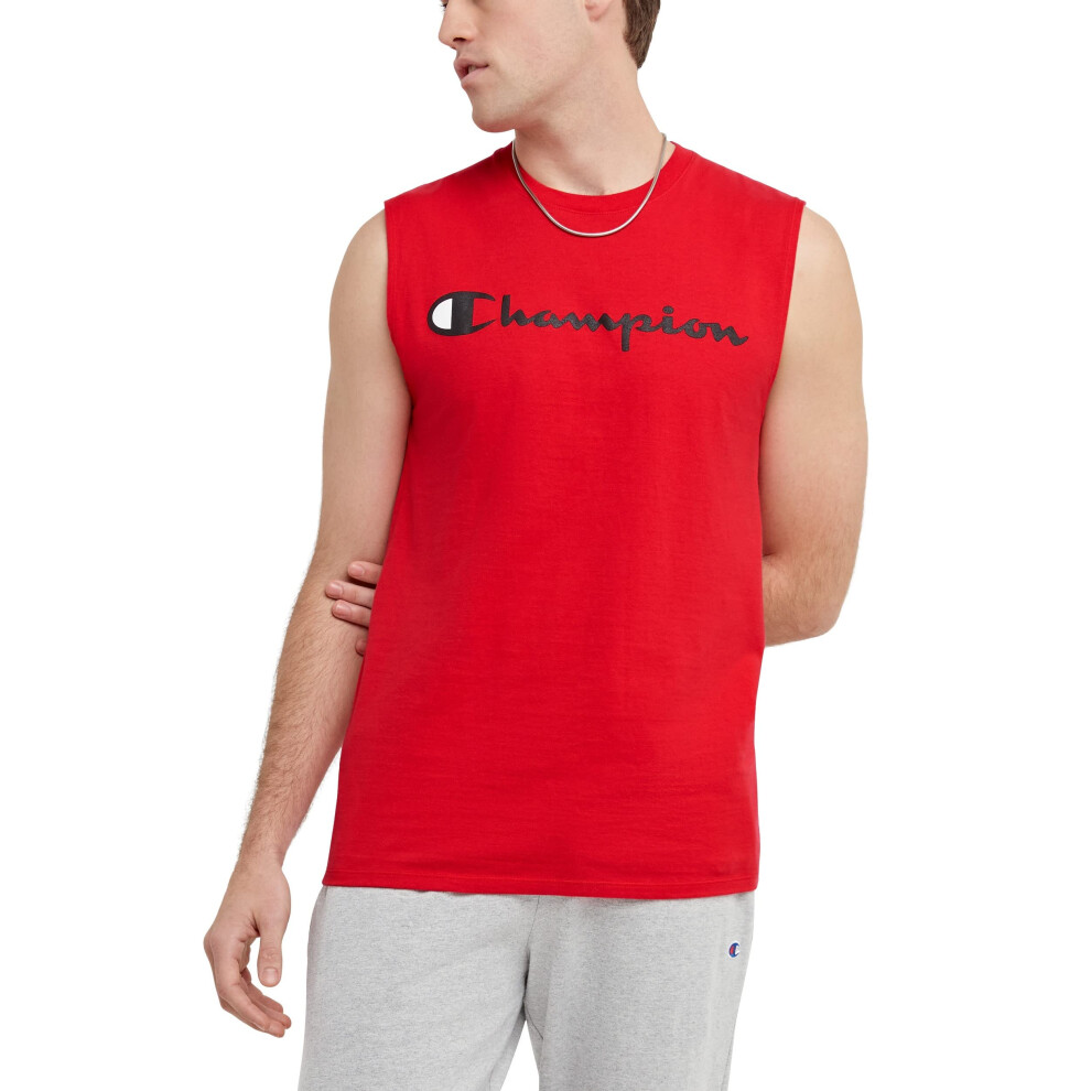 Champion Men's Classic Jersey Muscle Tee  Screen Print Script  Scarlet