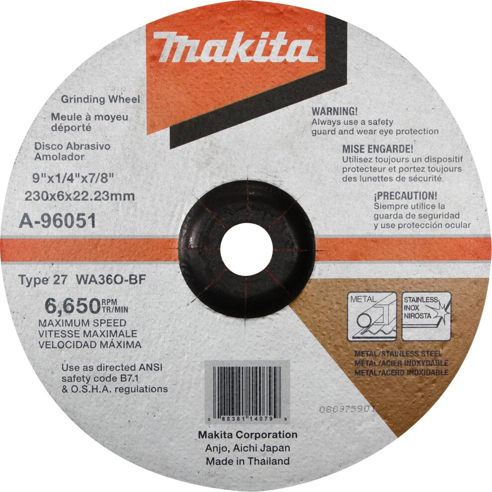 Makita A-96051 9"" x 1/4"" x 7/8"" INOX Grinding Wheel  36 Grit