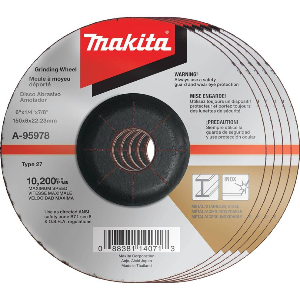 Makita A-95978-5 6"" x 1/4"" x 7/8"" INOX Grinding Wheel  36 Grit  5/p