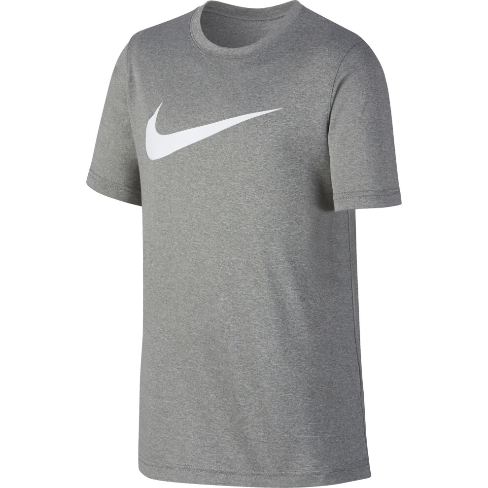 NIKE Boys' Dry Short Sleeve Swoosh Solid Tee  Dark Grey Heather/White