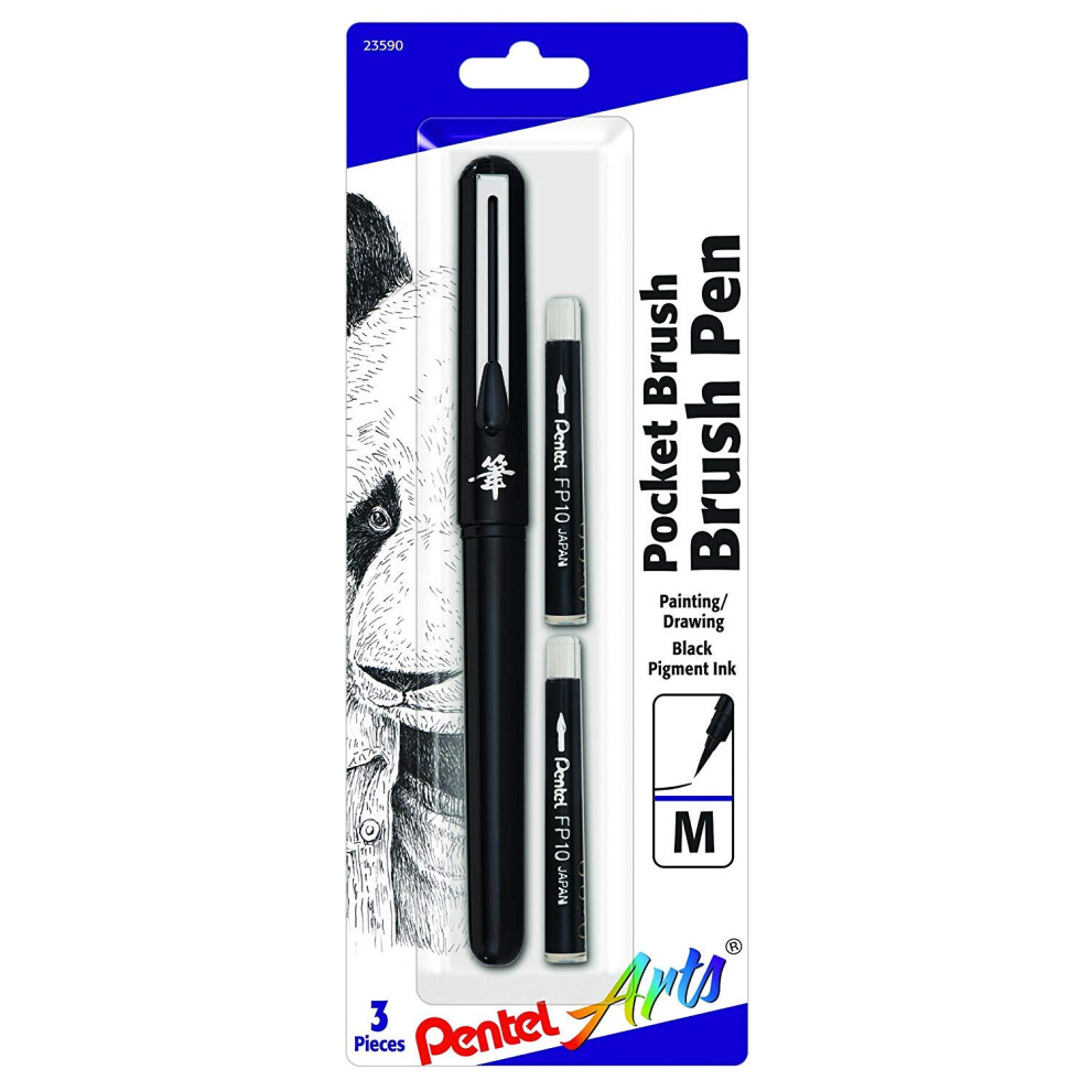 Pentel Arts Pocket Brush Pen  Includes 2 Black Ink Refills (GFKP3BPA)