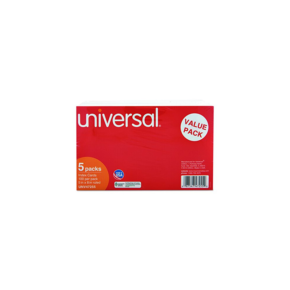 Universal 47255 Ruled Index Cards  5 x 8  White  500/Pack