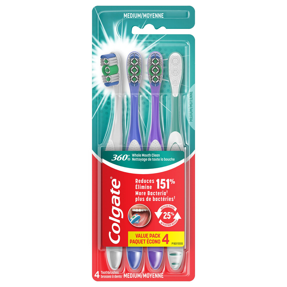 Colgate 360 Whole Mouth Clean   Medium Toothbrush for Adults  4 Pack