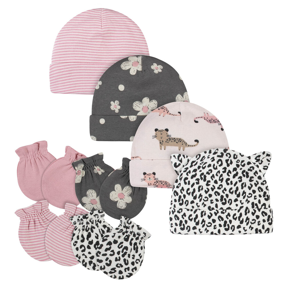 gerber Baby 8 9-Piece cap and Mitten Sets  8pc Pink Leopard  0-3 Month