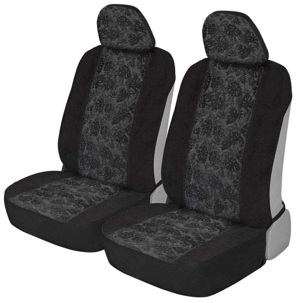 Bdk Maui Car Seat Covers For Front Seats 2 Pack - Tropical Pattern With Matching Headrest Sideless Design For Easy Installation Fits Most Ca Black 826942660887