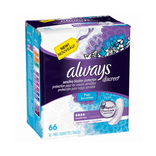 Always Always Discreet, Incontinence Pads, Moderate, Regular Length, 66 Count