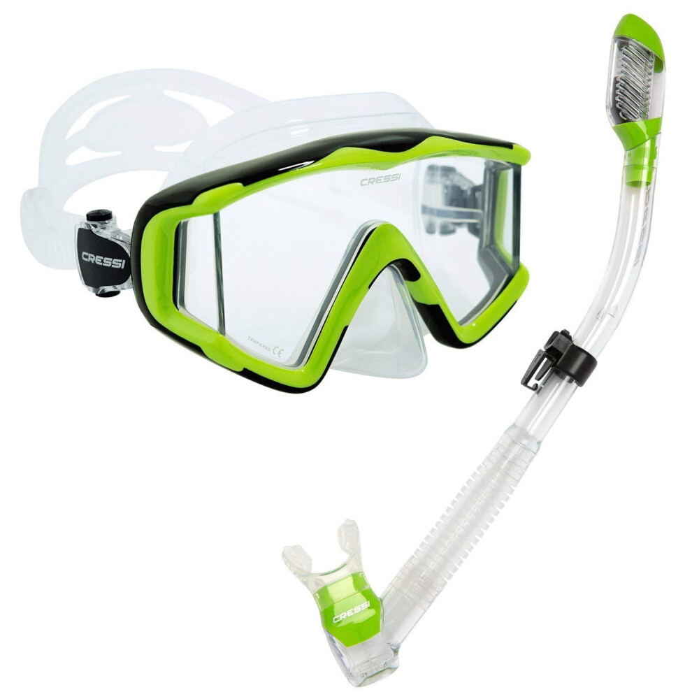 cressi Panoramic Wide View 3 Panel Mask Dry Snorkel Set  Lime greencle