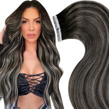 LaaVoo Tape In Extensions Echthaar Ombre Schwarz bis Silber Grau Balayage 22 Zoll 20 Stück 50g