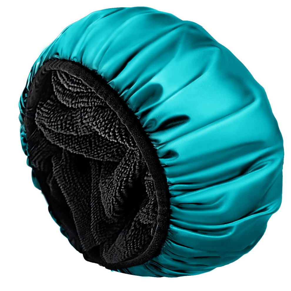 Aquior Shower Cap Extra Large Triple Layer Bathing Cap With Dry Hair Function For Women Microfiber Terry Cloth Silky Satin 100% Waterproof Reusab