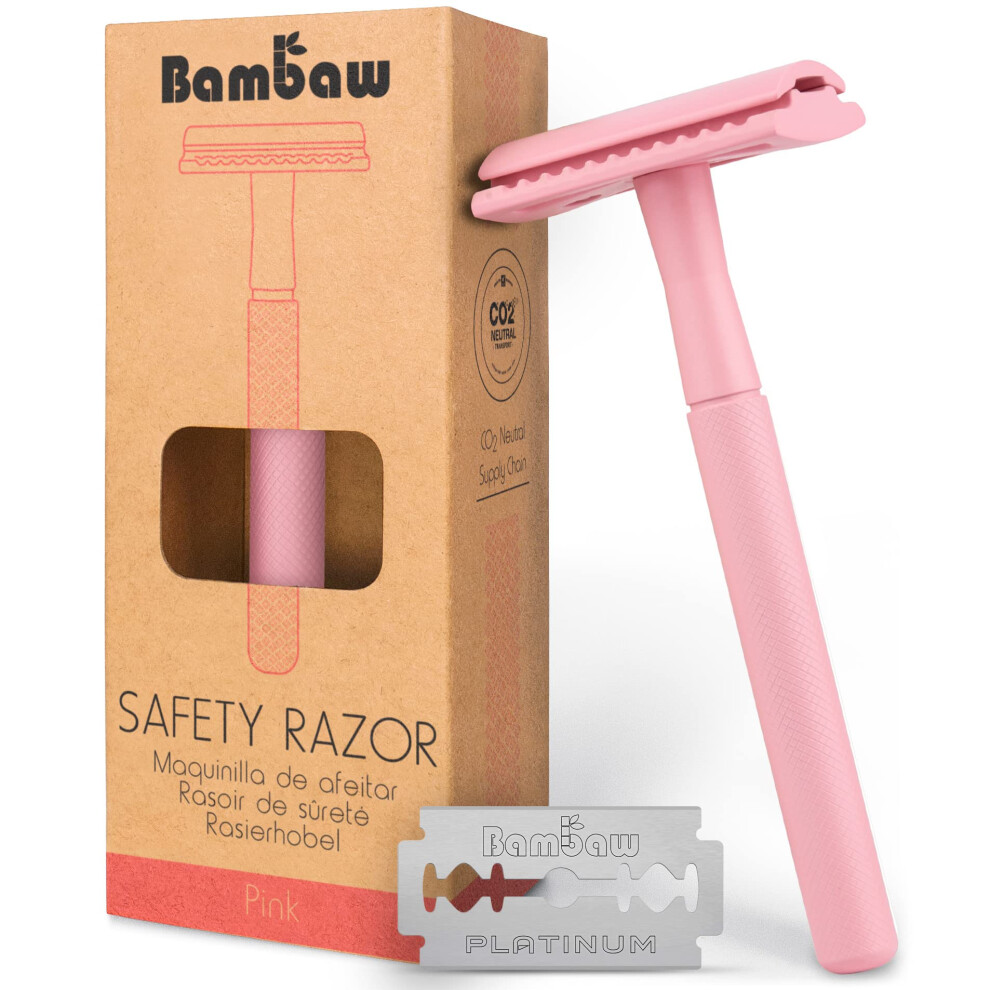 Bambaw Pink Double Edge Safety Razor For Women With 5 Blades - Single Blade, Plastic Free Eco Razor, Reusable