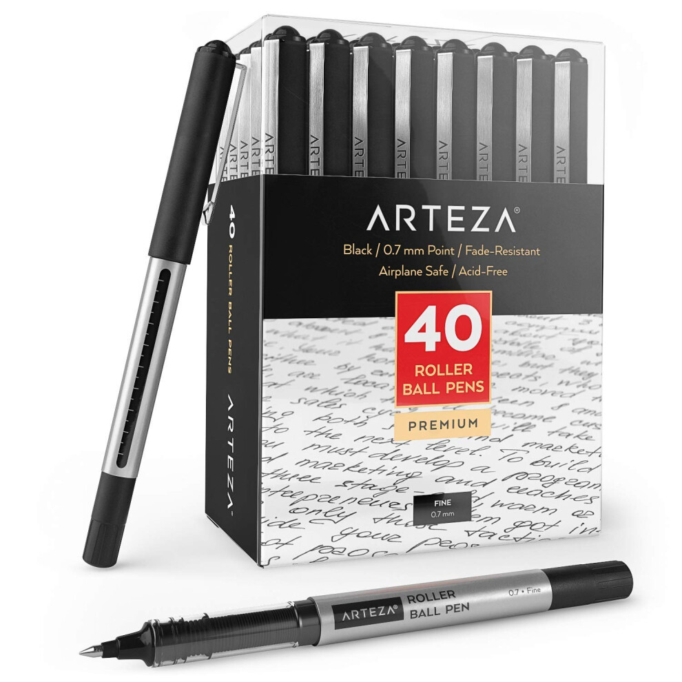 Arteza Rollerball Pens  Pack of 40  0.7mm Black Liquid Ink Pens for Bu