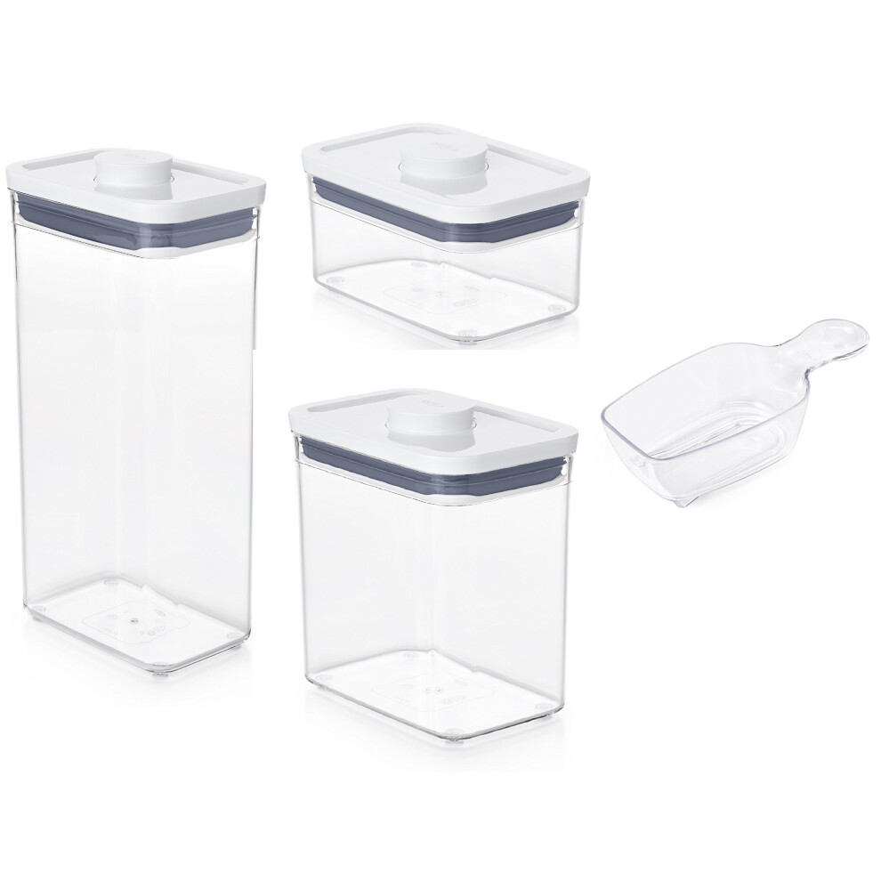 OXO Plastic Airtight Pop Containers Rectangle 3 Piece Set with Scoop