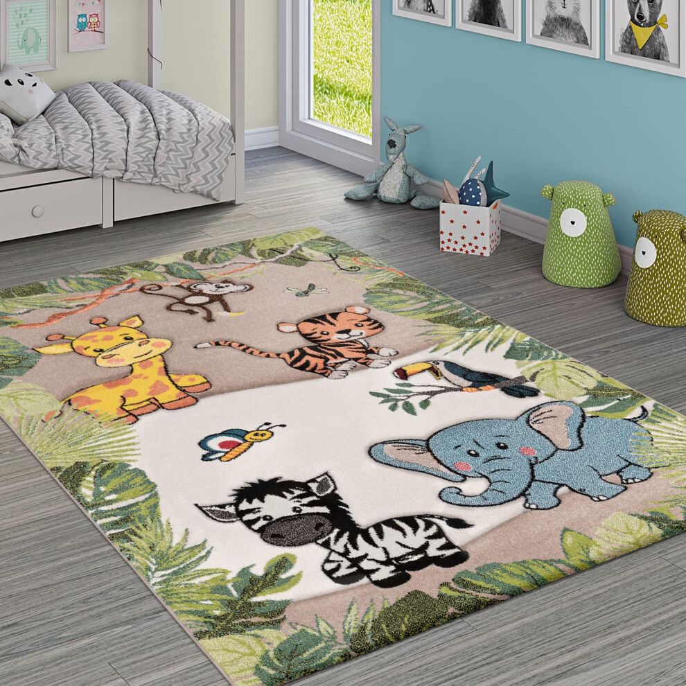 Nursery Rug For Kids - Jungle Animals Giraffe Lion Monkey In Paco Home