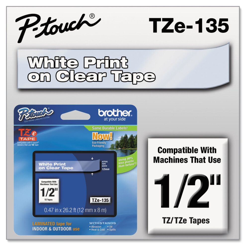 Brother Intl TZ135 1/2 White ON Clear Tape (TZ135)