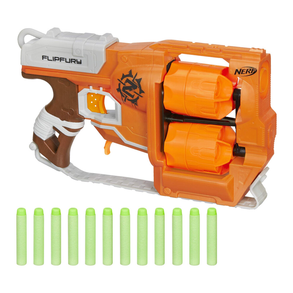 NERF Zombie Strike FlipFury Blaster - 2 Flipping 6-Dart Drums - Fire 6