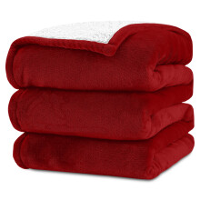 (Single: 130X150) Sherpa Reversible Mink Blanket Bed Throw Sofa Comforter Red Fleece Winter Warm Thick Blankets