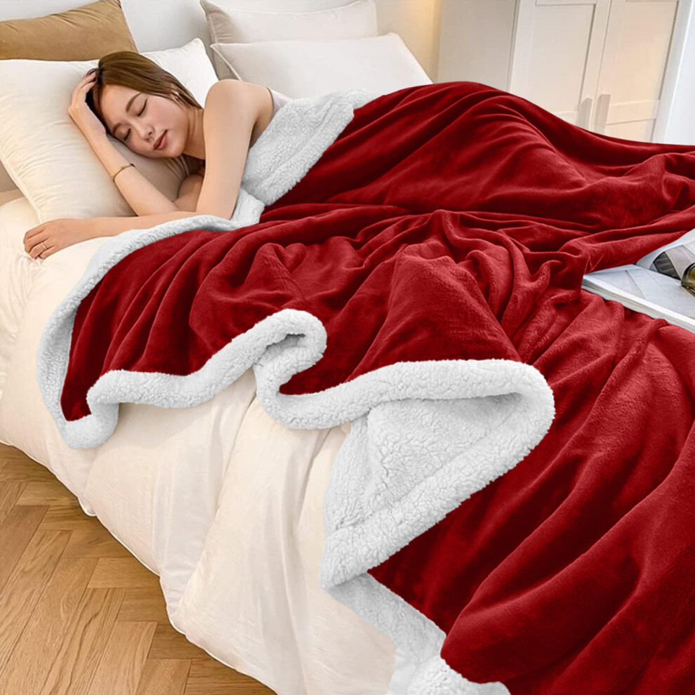 (Double: 150X200) Sherpa Reversible Mink Blanket Bed Throw Sofa Comforter Red Fleece Winter Warm Thick Blankets
