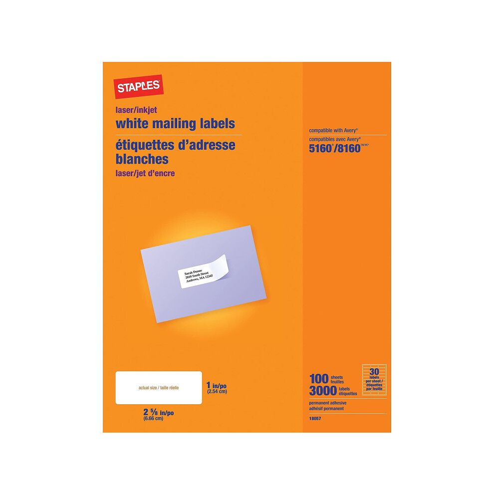 Staples White Inkjet/Laser Address Labels  1"" X 2-5/8""  3 000/Box