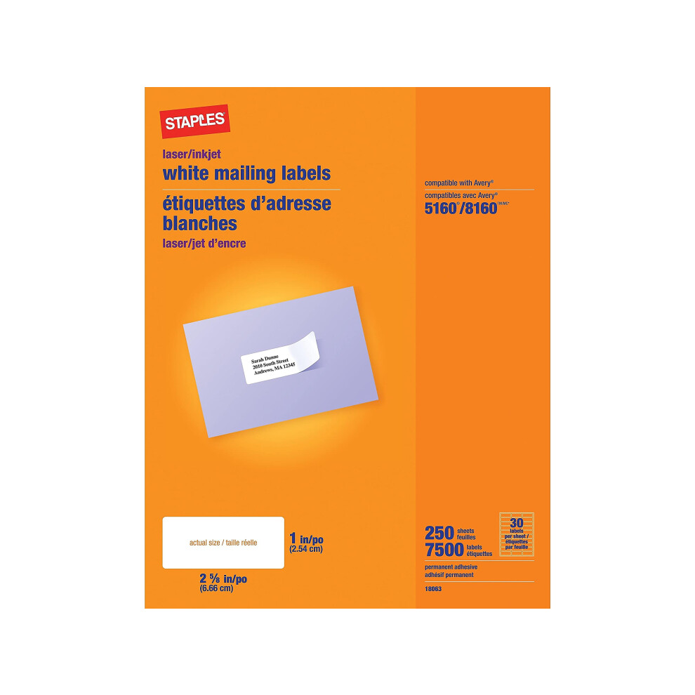 Staples 479884 Laser/Inkjet Address Labels 1-Inch x 2-5/8-Inch White 3