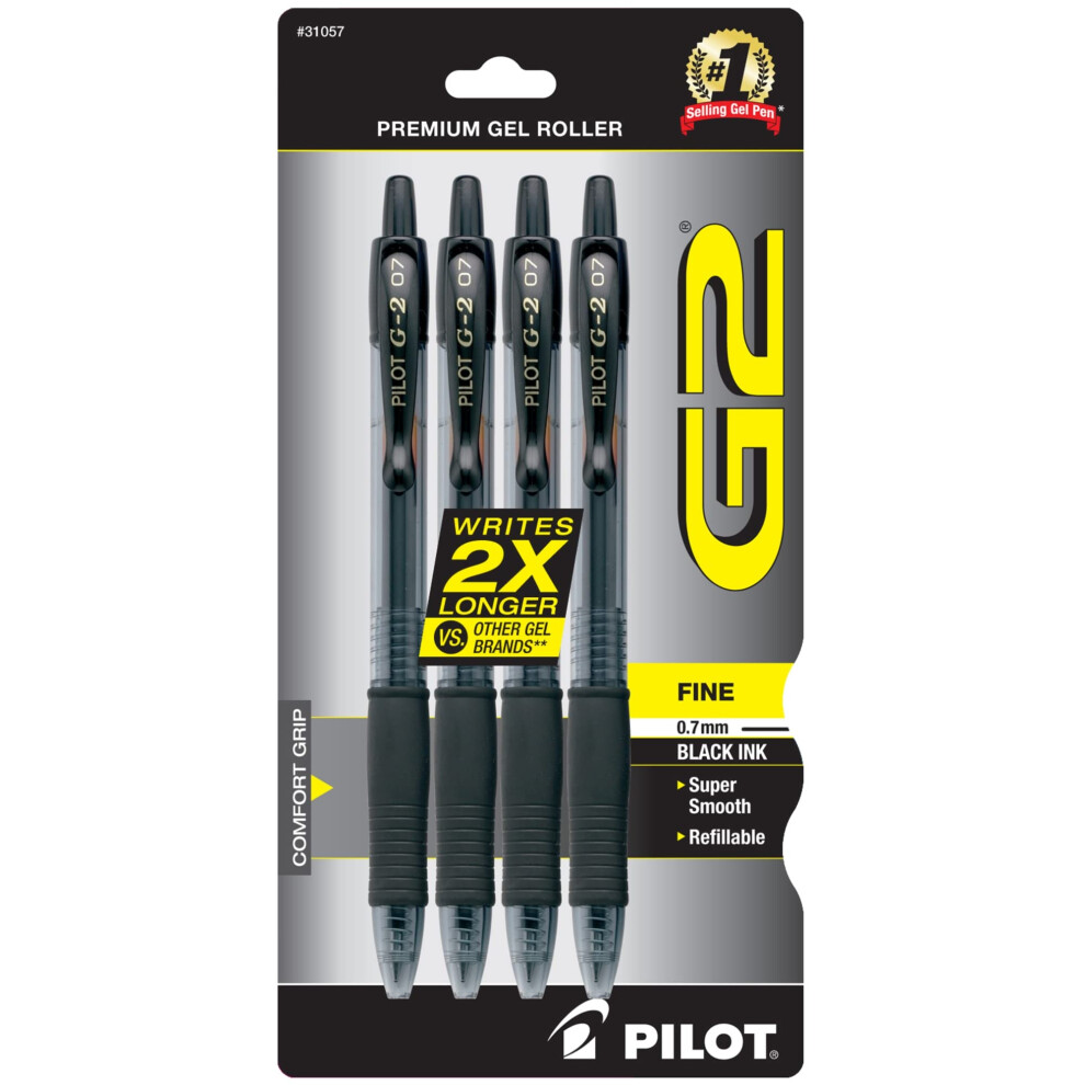 Pilot  G2 Premium Gel Roller Pens  Fine Point 0.7 mm  Black  Pack of 4