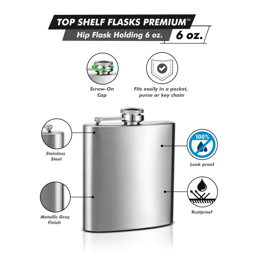 Hip Flask Holding 6 oz - Pocket Size  Stainless Steel  Rustproof  Scre 1