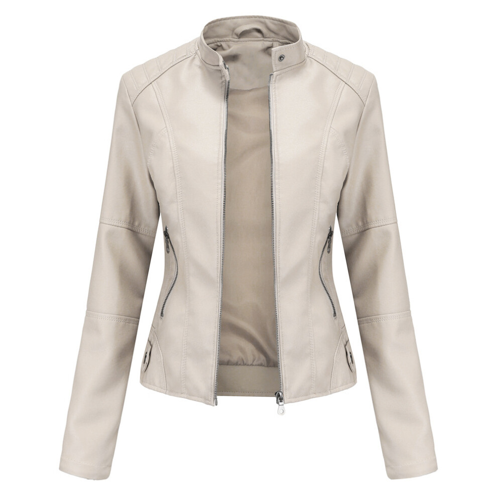 (Beige, Xl) Womens Motorcycle Lightweight Leather Jacket Short Biker Jackets Cream 6974549653956